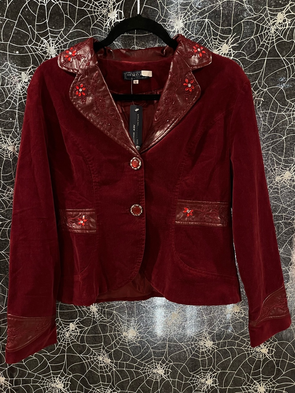 Gothic Western Velvet Embellished Burgundy Blazer Jacket